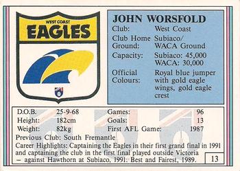 1992 AFL Regina #13 John Worsfold Back